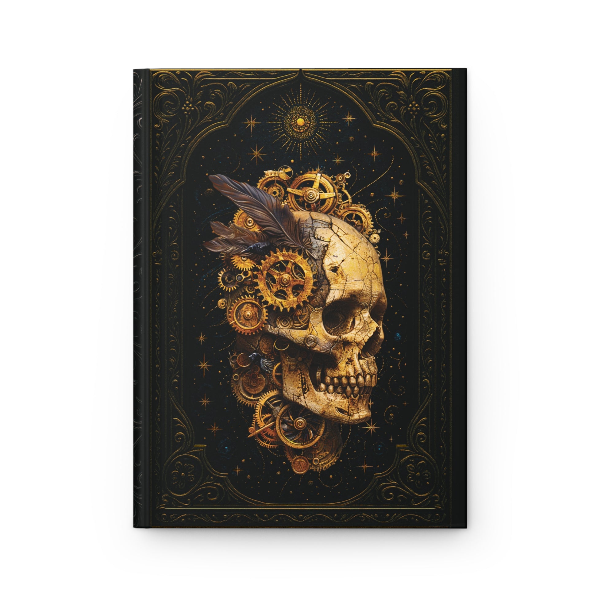 Decorative notebook cover with a skull and gears design on a black background