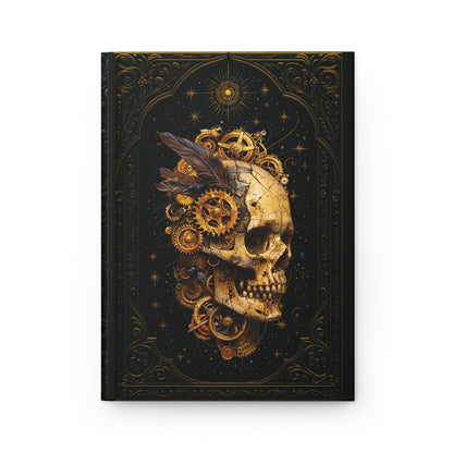 Decorative notebook cover with a skull and gears design on a black background