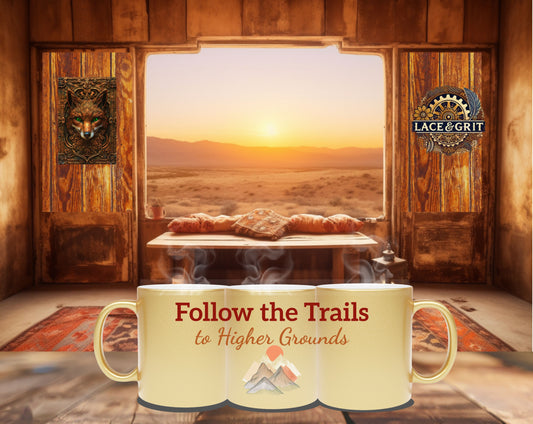 Mystic Mountain Metallic Mug – "Follow the Trails to Higher Grounds" - Perfect for Adventurers