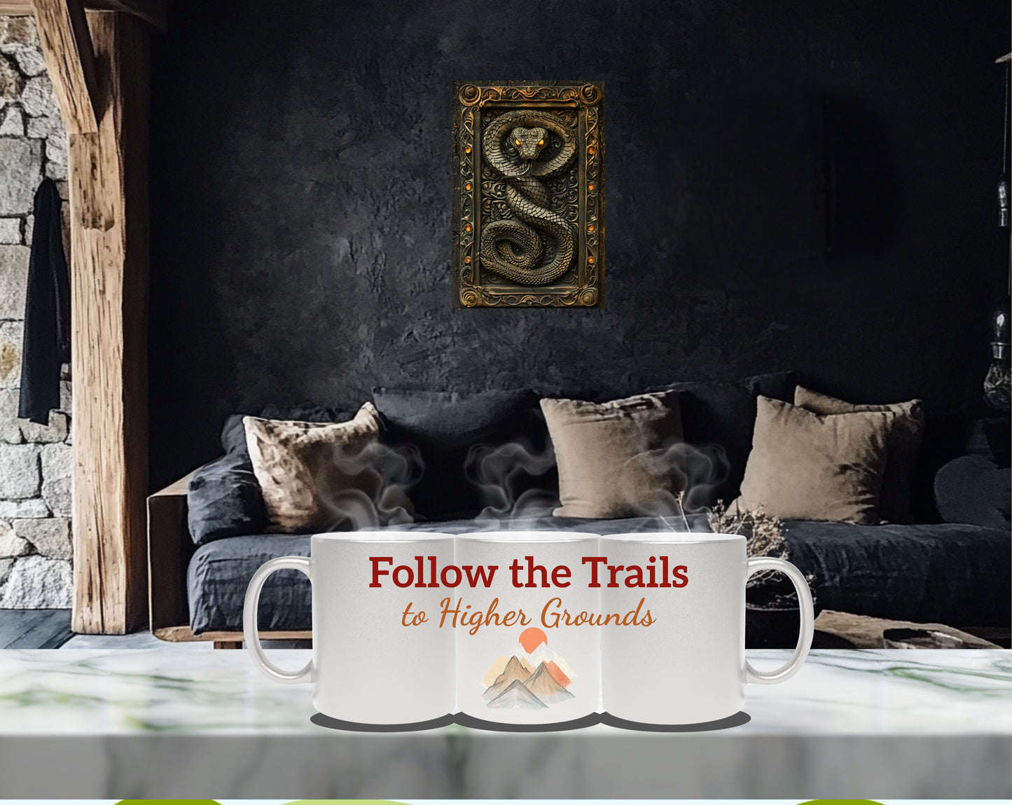 Mystic Mountain Metallic Mug – "Follow the Trails to Higher Grounds" - Perfect for Adventurers