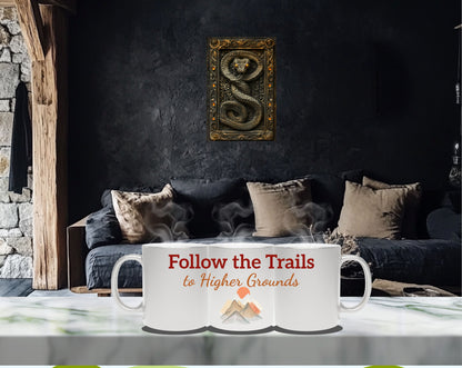 Mystic Mountain Metallic Mug – "Follow the Trails to Higher Grounds" - Perfect for Adventurers