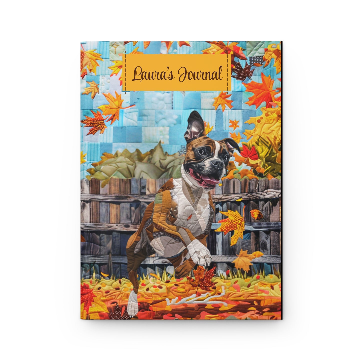 Quilted-Look Boxer Journal - Playful Autumn Leaves Scene, Dog Gift