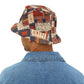 Rustic Rhythm Bucket Hat – Patchwork Stitch Pattern in Russet & Navy | Unisex All-Over Print Hat by Lace & Grit