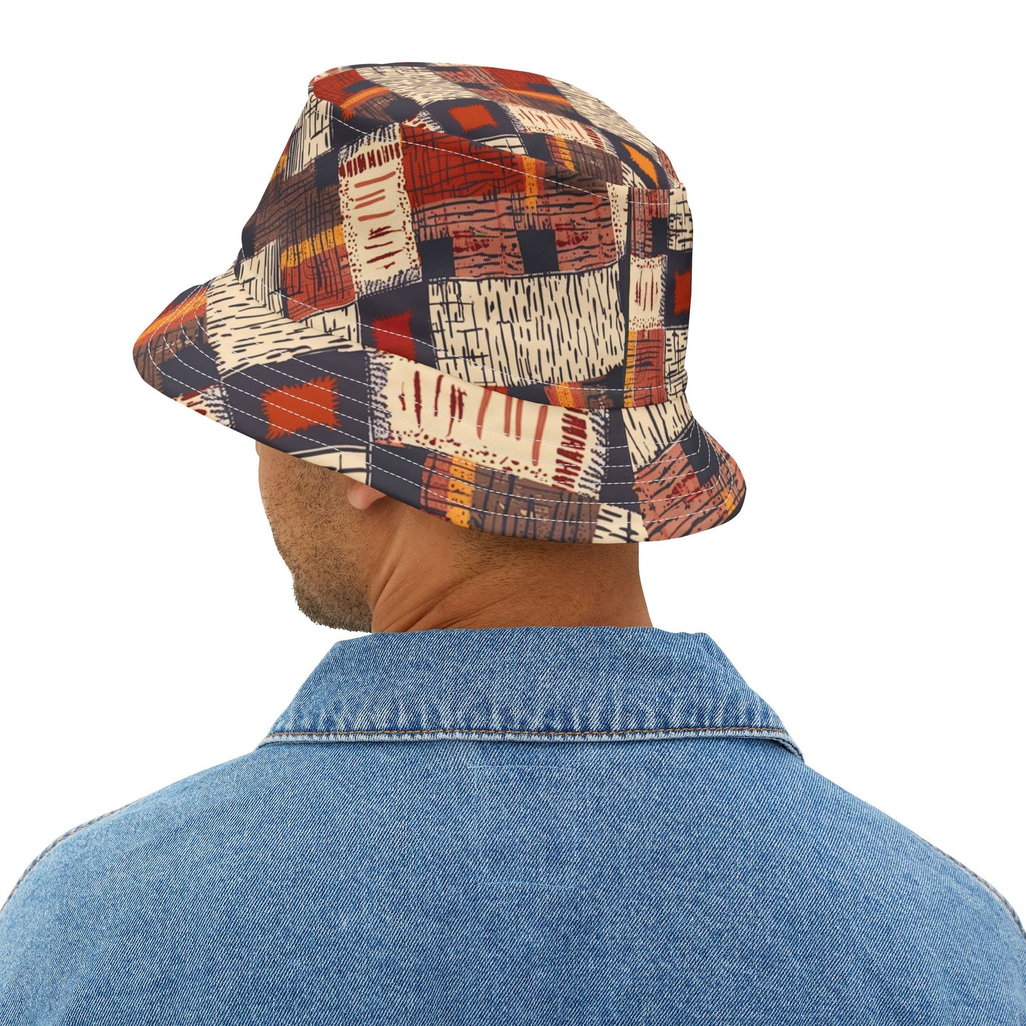Rustic Rhythm Bucket Hat – Patchwork Stitch Pattern in Russet & Navy | Unisex All-Over Print Hat by Lace & Grit