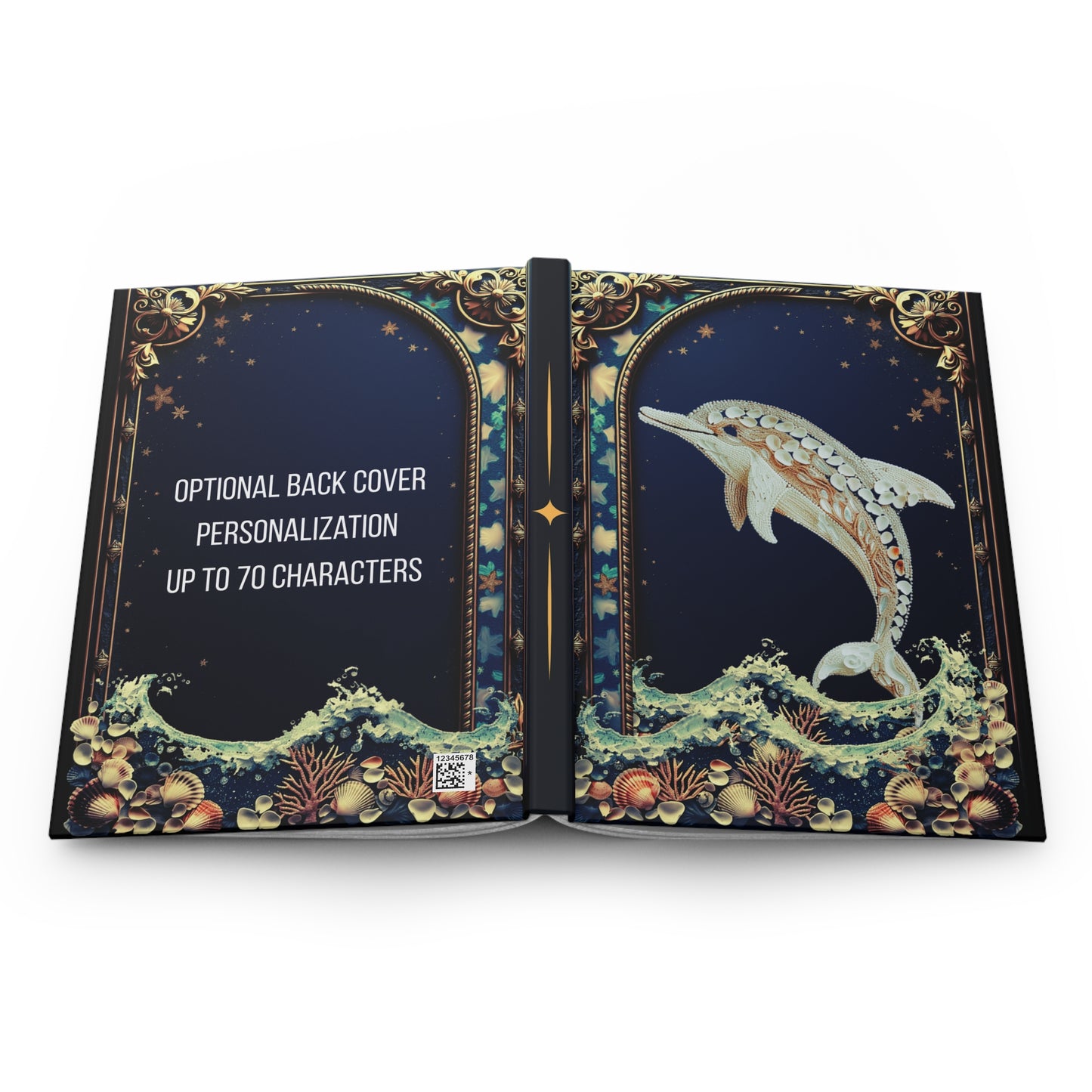 Dolphin Journal – Ocean Fantasy Notebook, Gold Filigree Dolphin Diary, Personalized Hardcover Journal, Coastal Gift for Sea Lovers