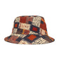 Rustic Rhythm Bucket Hat – Patchwork Stitch Pattern in Russet & Navy | Unisex All-Over Print Hat by Lace & Grit