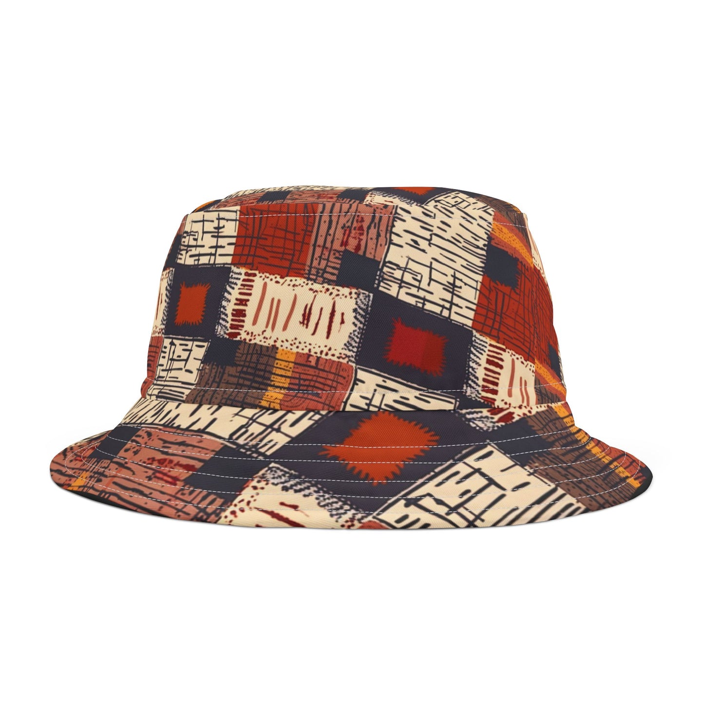 Rustic Rhythm Bucket Hat – Patchwork Stitch Pattern in Russet & Navy | Unisex All-Over Print Hat by Lace & Grit