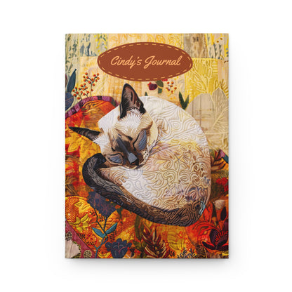 Quilted-Look Siamese Cat Journal - Cozy Autumn Nap Scene, Cat Gift