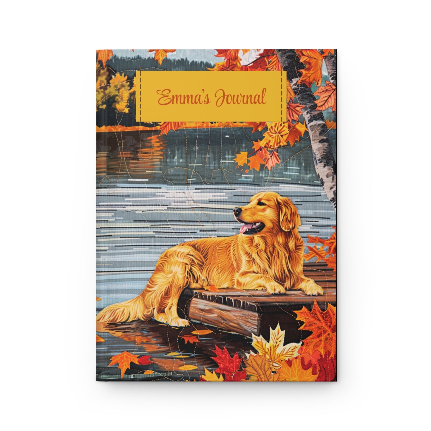 Quilted-Look Golden Retriever Journal - Autumn Lake Scene, Dog Gift