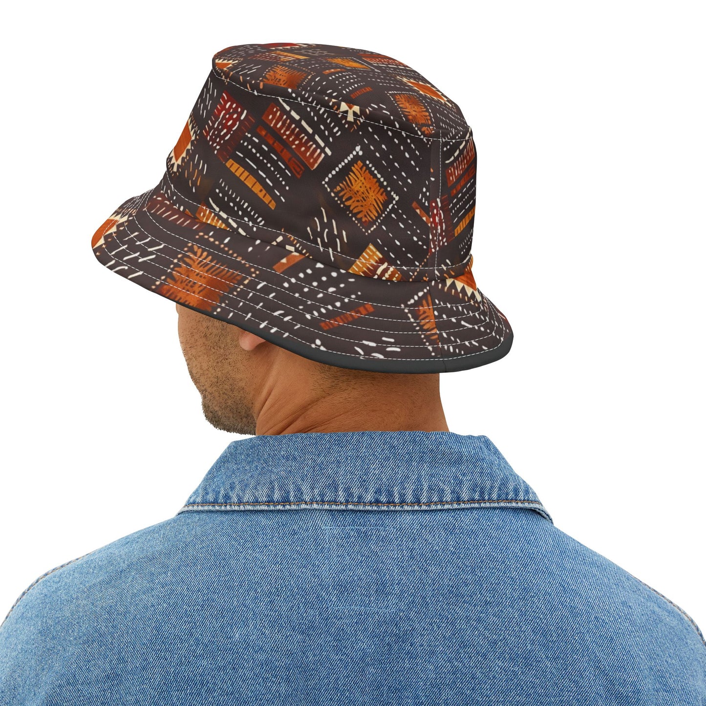 Amber Dusk Bucket Hat – Tribal Patch Pattern in Copper & Chestnut | Unisex All-Over Print Hat by Lace & Grit