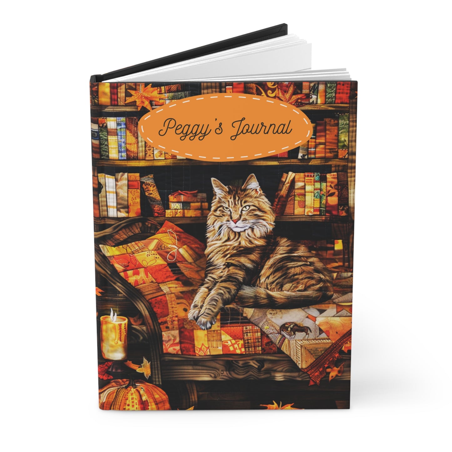 Quilted-Look Maine Coon Journal - Cozy Bookshelf Scene, Cat Lover Gift