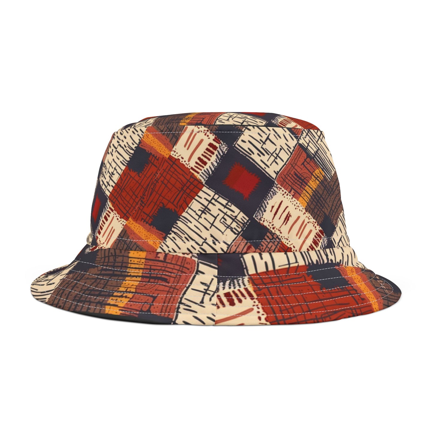 Rustic Rhythm Bucket Hat – Patchwork Stitch Pattern in Russet & Navy | Unisex All-Over Print Hat by Lace & Grit
