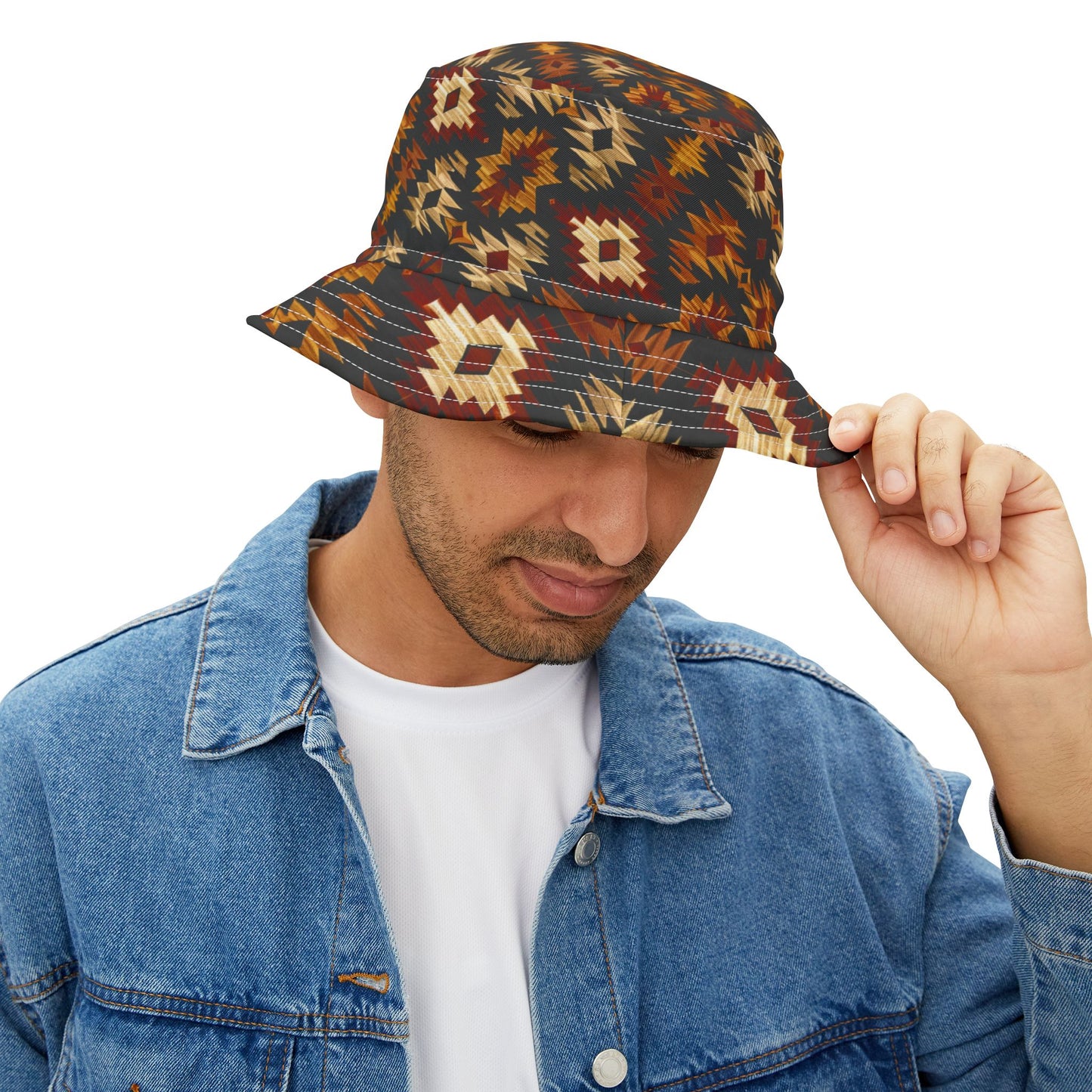 Nomad Ember Bucket Hat – Tribal Desert Pattern in Rust & Sand | Unisex All-Over Print Hat by Lace & Grit