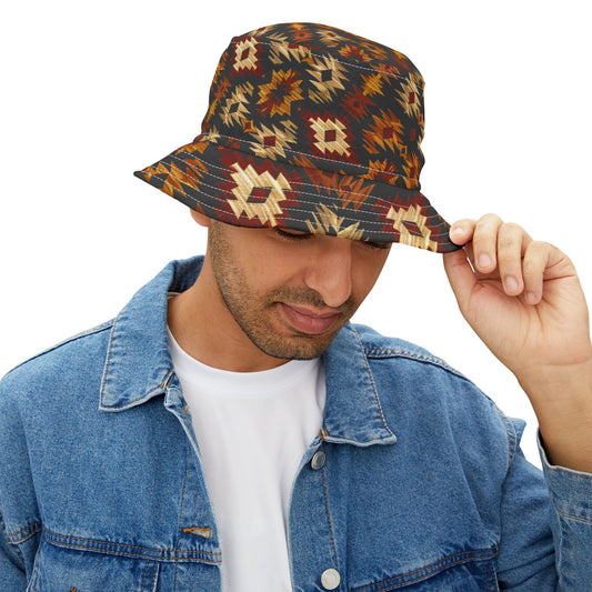 Nomad Ember Bucket Hat – Tribal Desert Pattern in Rust & Sand | Unisex All-Over Print Hat by Lace & Grit