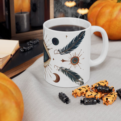 Mystic Vision Mug – Boho All-Seeing Eye & Feather Design | Celestial Coffee Cup Gift