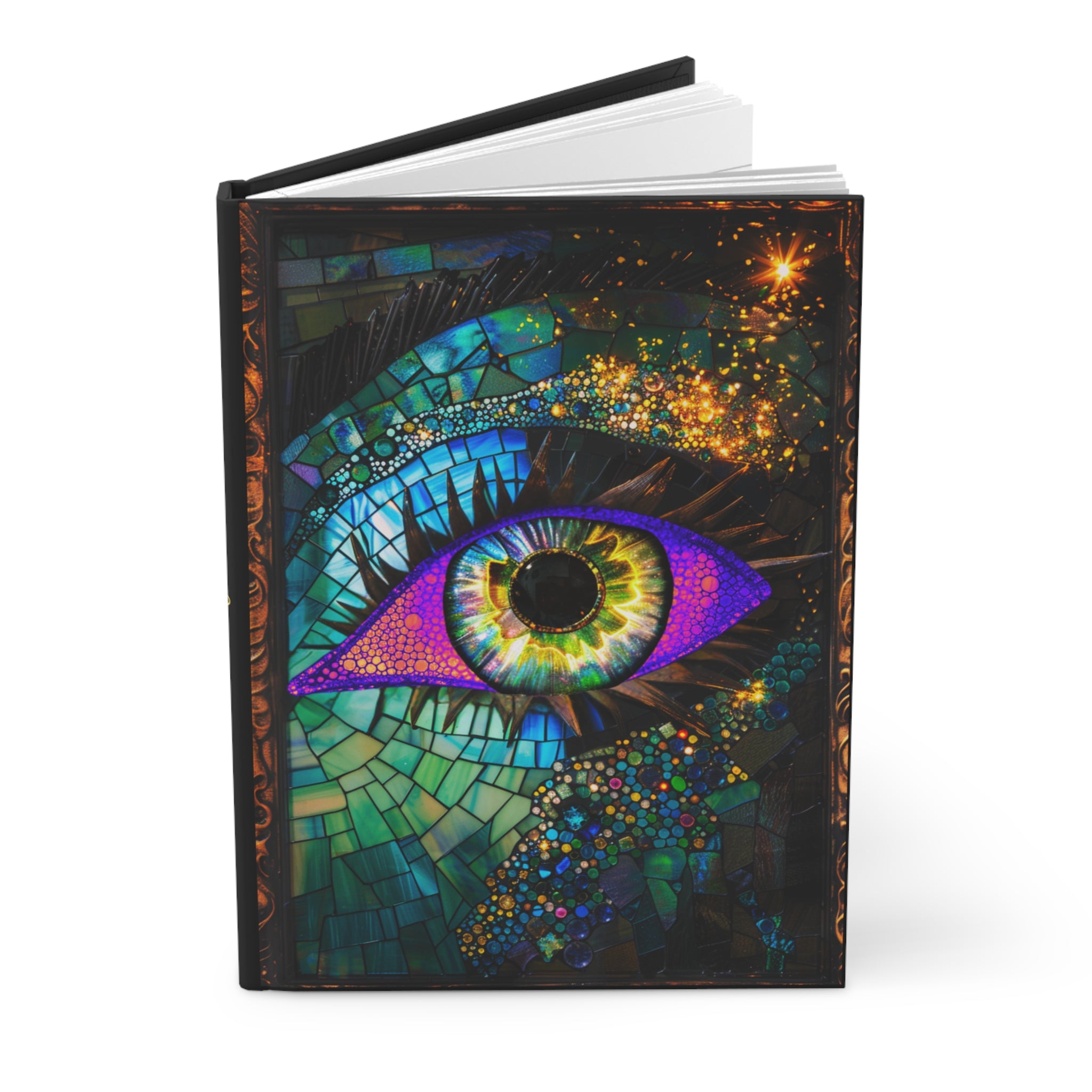 Notebook with a colorful eye design on the cover
