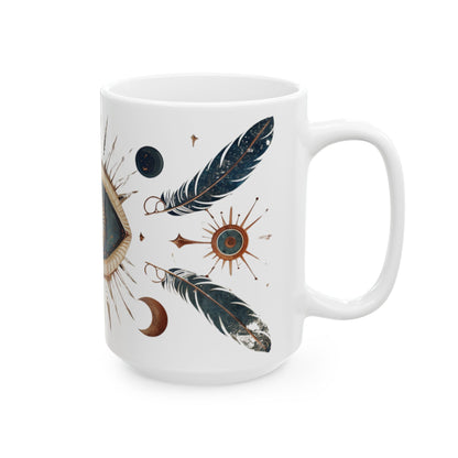 Mystic Vision Mug – Boho All-Seeing Eye & Feather Design | Celestial Coffee Cup Gift