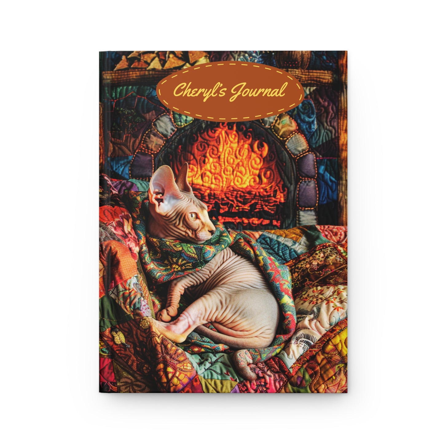 Quilted-Look Sphynx Cat Journal - Fireside Scene, Cozy Cat Lover Gift