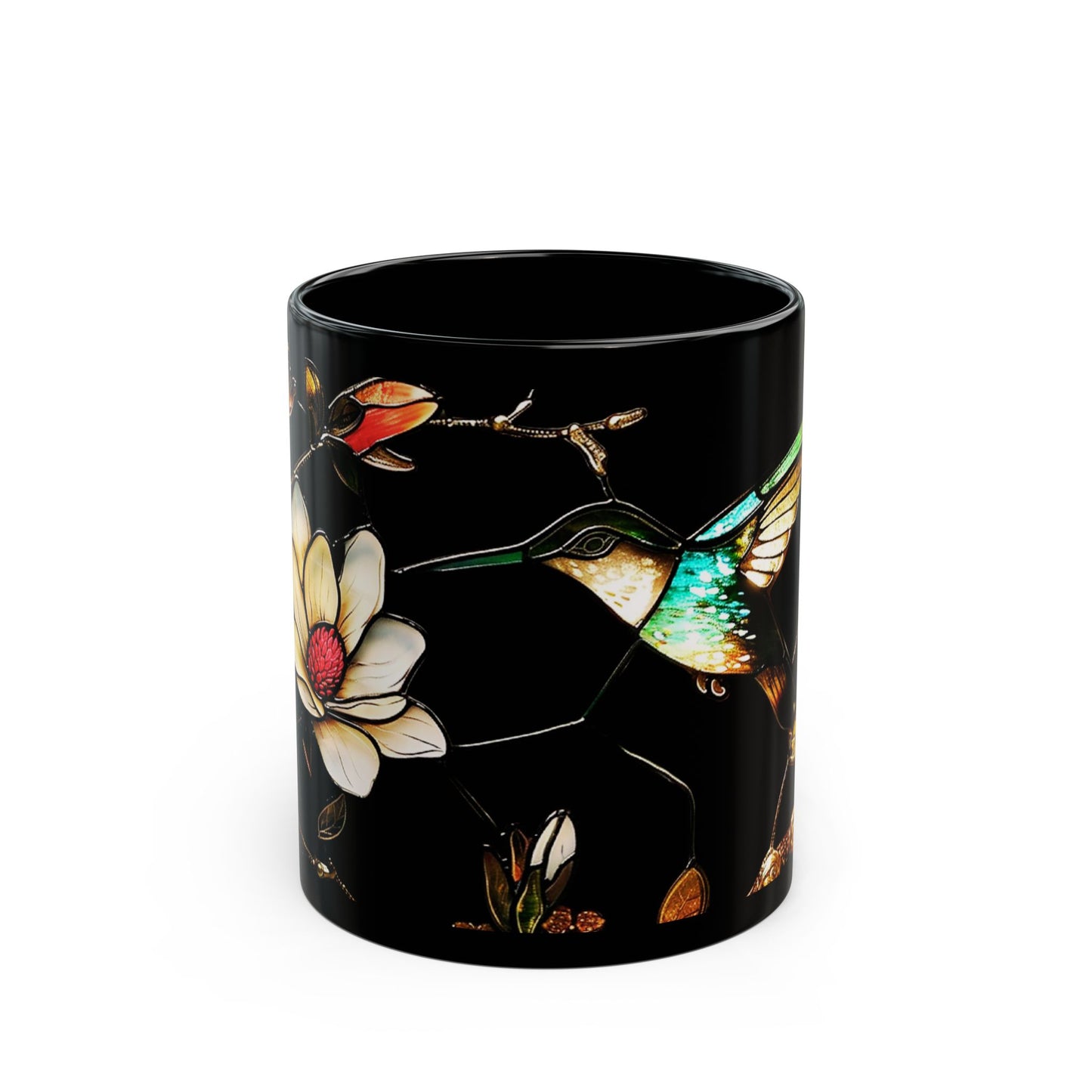 Stained Glass Look Hummingbird – Black Ceramic Mug