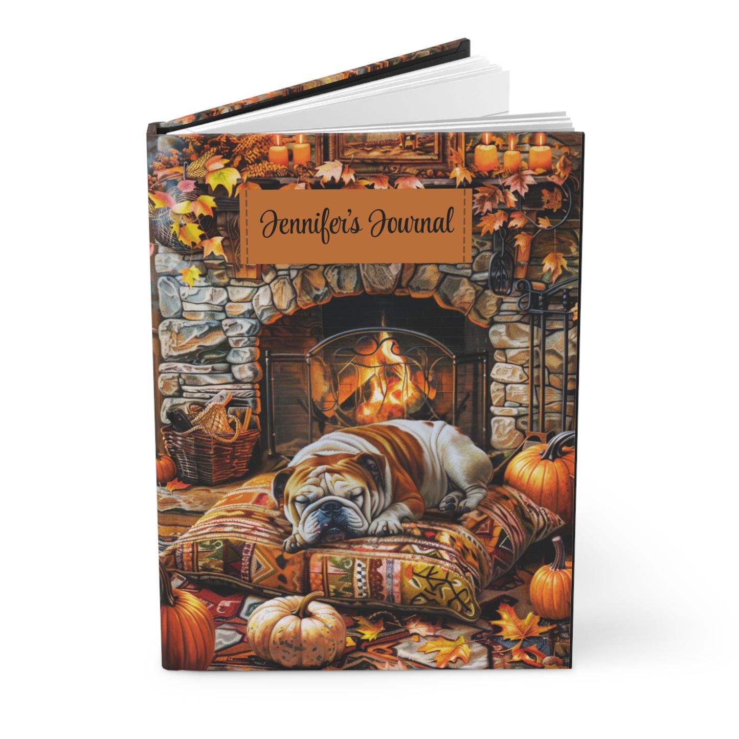 Quilted-Look Bulldog Journal - Cozy Fireplace Scene, Dog Lover Gift