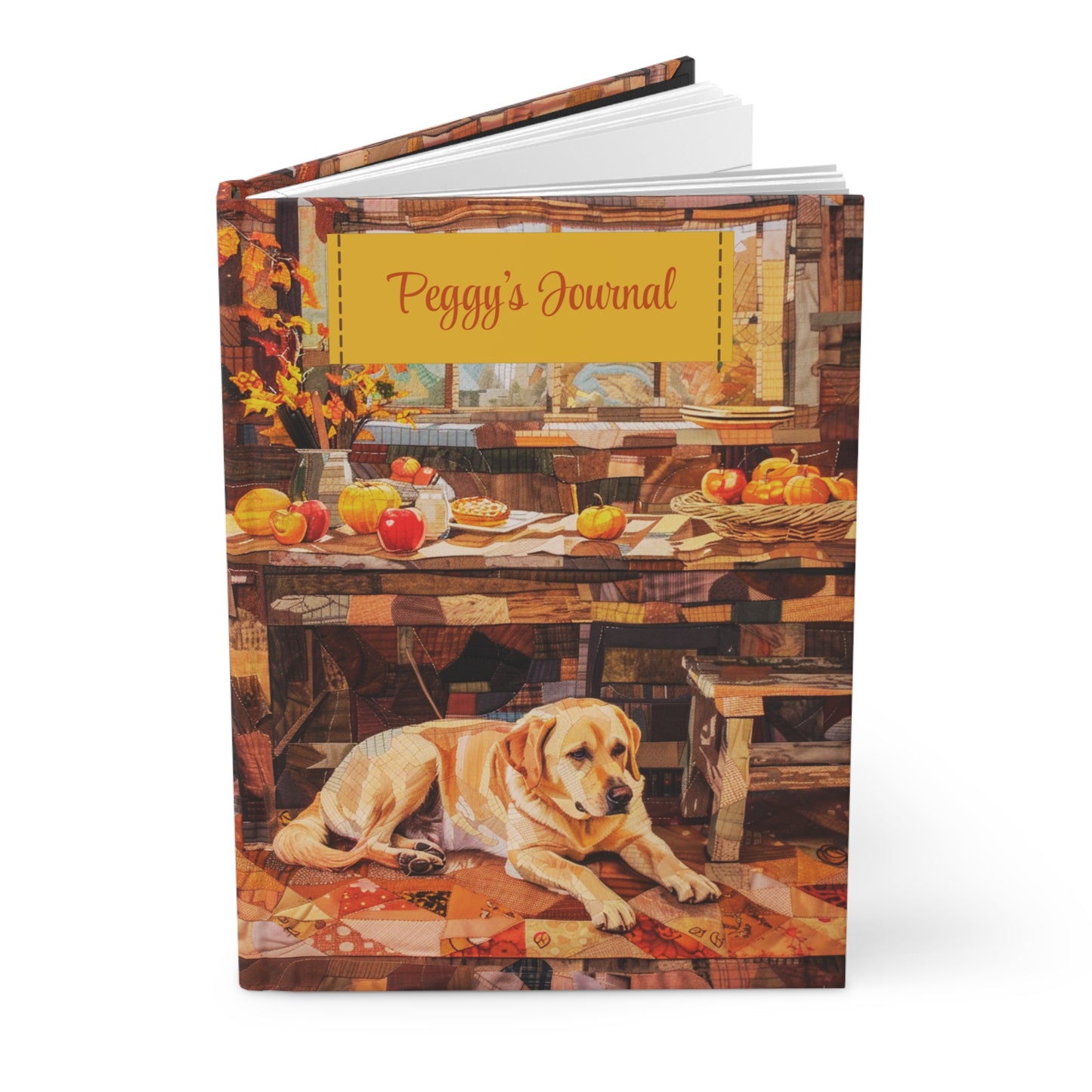 Quilted-Look Yellow Lab Journal - Rustic Autumn Farmhouse Scene, Dog Gift