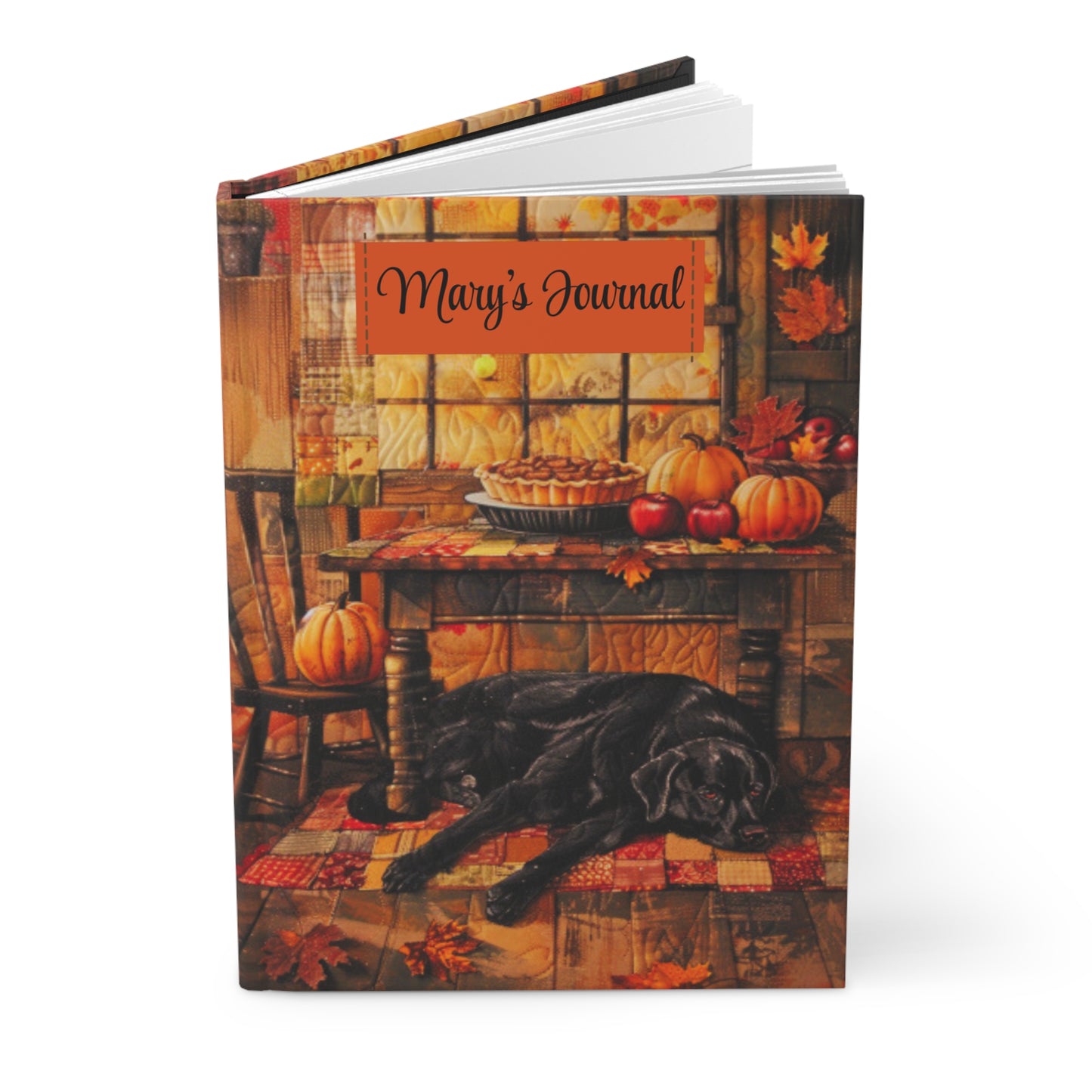 Quilted-Look Black Lab Journal - Cozy Autumn Kitchen Scene, Dog Gift