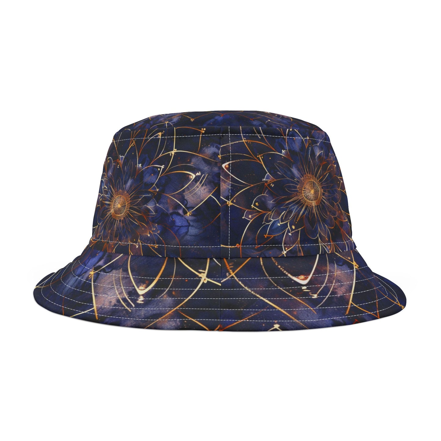 Celestial Bloom Bucket Hat – Cosmic Mandala in Indigo & Gold | Unisex All-Over Print Hat by Lace & Grit.