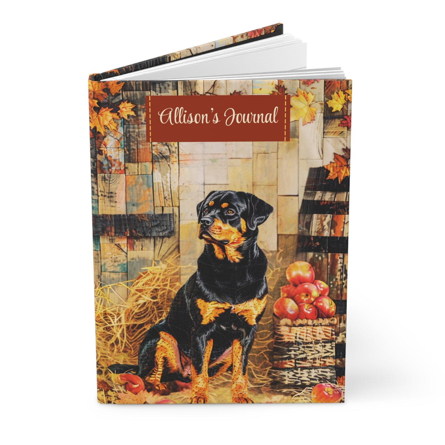 Quilted-Look Rottweiler Journal - Rustic Fall Study Scene, Dog Lover Gift