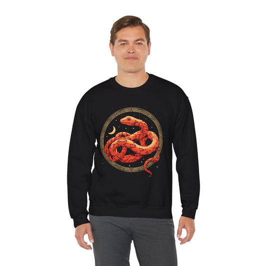 Celestial Serpent Sweatshirt – Boho Lunar Snake Design in Gold & Ember | Unisex Fleece by Lace & Grit