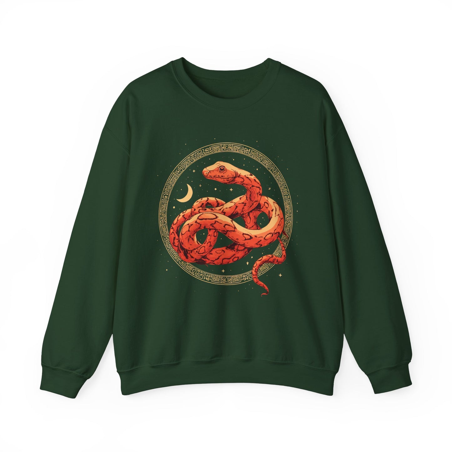 Celestial Serpent Sweatshirt – Boho Lunar Snake Design in Gold & Ember | Unisex Fleece by Lace & Grit