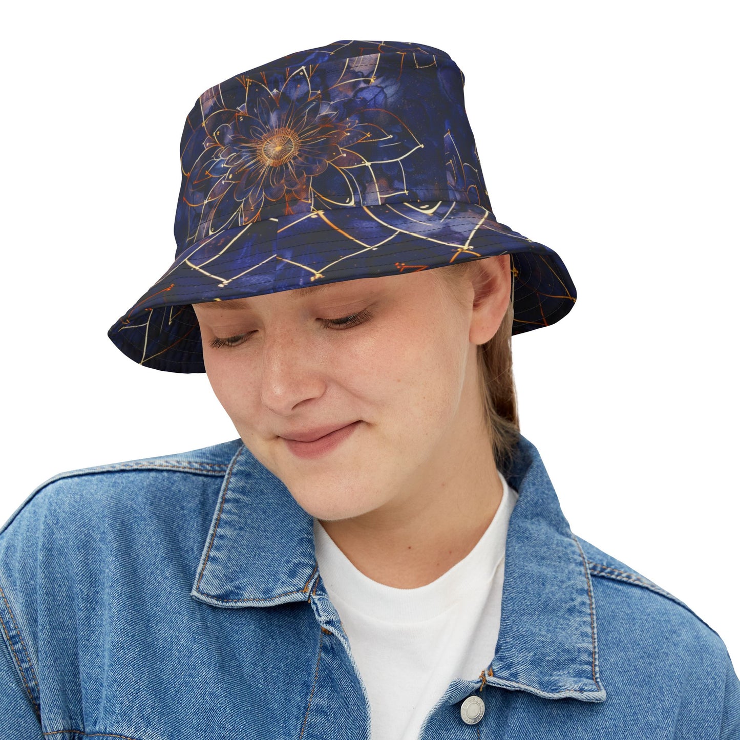 Celestial Bloom Bucket Hat – Cosmic Mandala in Indigo & Gold | Unisex All-Over Print Hat by Lace & Grit.