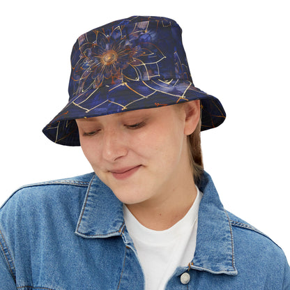 Celestial Bloom Bucket Hat – Cosmic Mandala in Indigo & Gold | Unisex All-Over Print Hat by Lace & Grit.