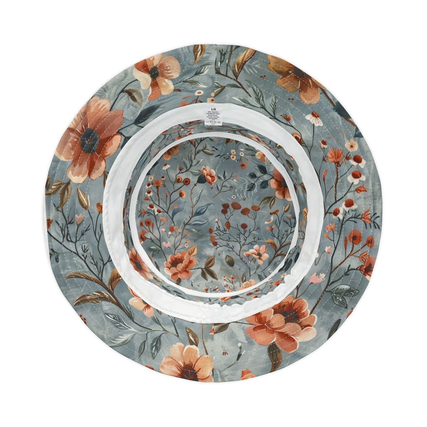 Wildflower Sky Bucket Hat – Rustic Floral Pattern in Dusty Blue & Terra Cotta | Unisex All-Over Print Hat by Lace & Grit