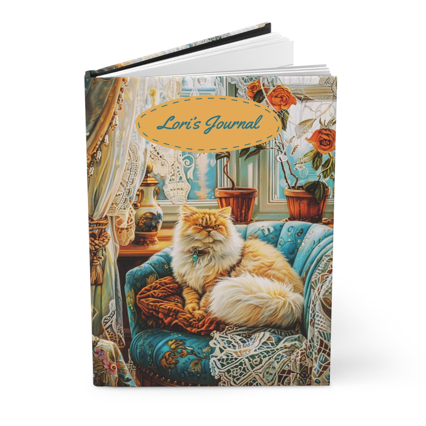 Quilted-Look Persian Cat Journal - Vintage Parlor Scene, Cat Lover Gift