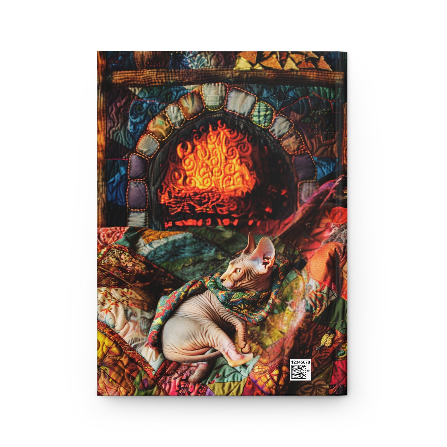 Quilted-Look Sphynx Cat Journal - Fireside Scene, Cozy Cat Lover Gift