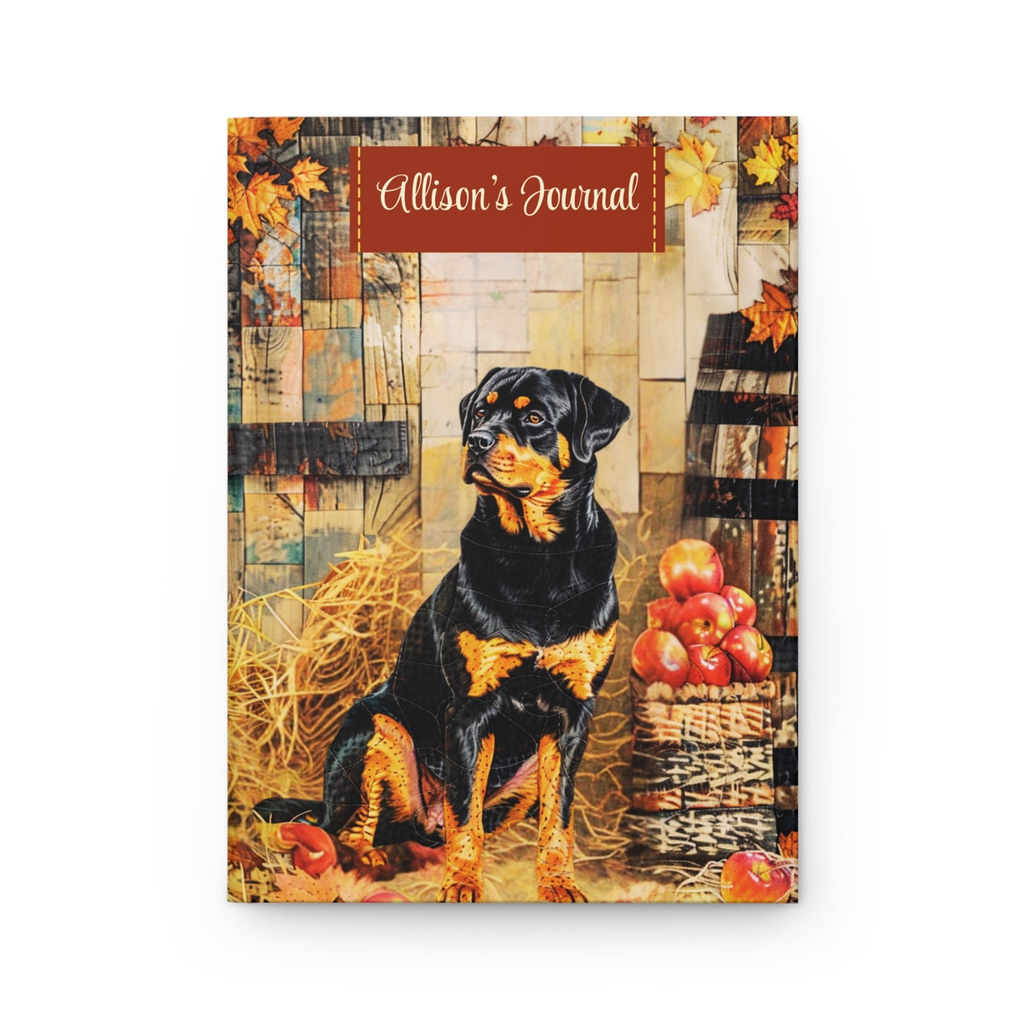 Quilted-Look Rottweiler Journal - Rustic Fall Study Scene, Dog Lover Gift
