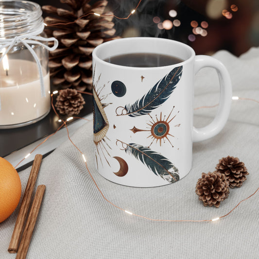 Mystic Vision Mug – Boho All-Seeing Eye & Feather Design | Celestial Coffee Cup Gift