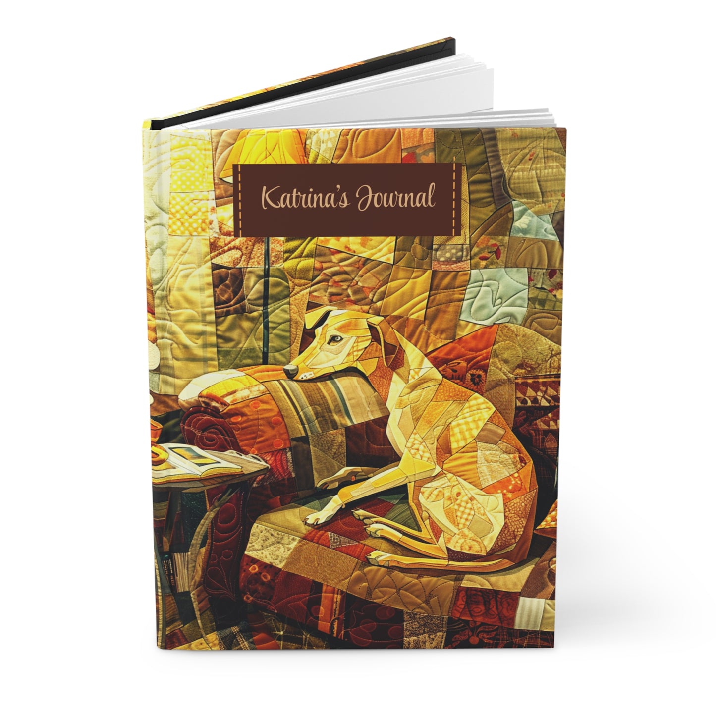 Quilted-Look Whippet Journal - Cozy Patchwork Sofa Scene, Dog Gift