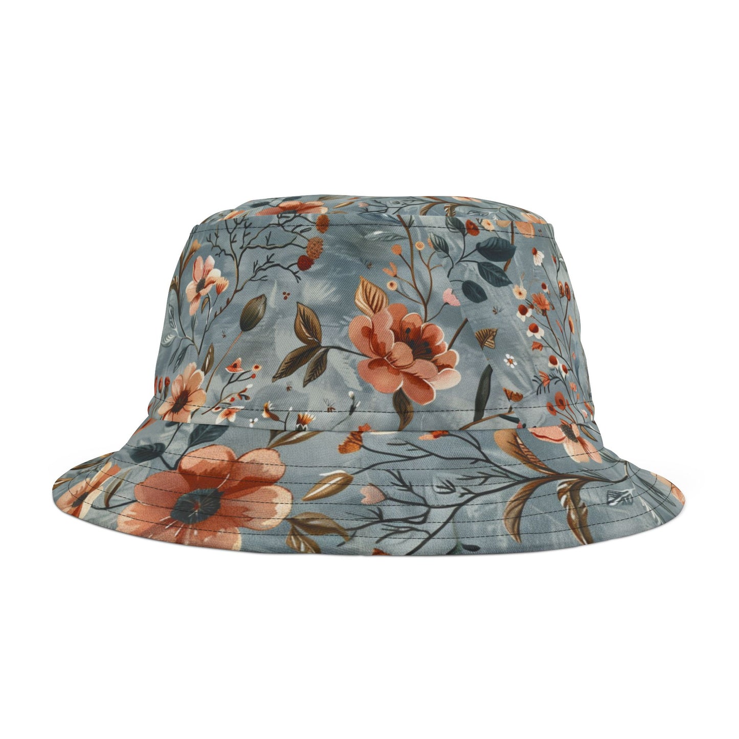 Wildflower Sky Bucket Hat – Rustic Floral Pattern in Dusty Blue & Terra Cotta | Unisex All-Over Print Hat by Lace & Grit