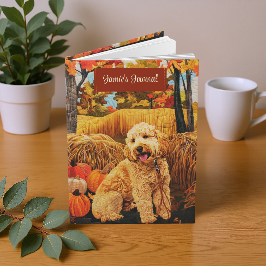 Quilted-Look Goldendoodle Journal - Cozy Autumn Reading Scene, Dog Gift
