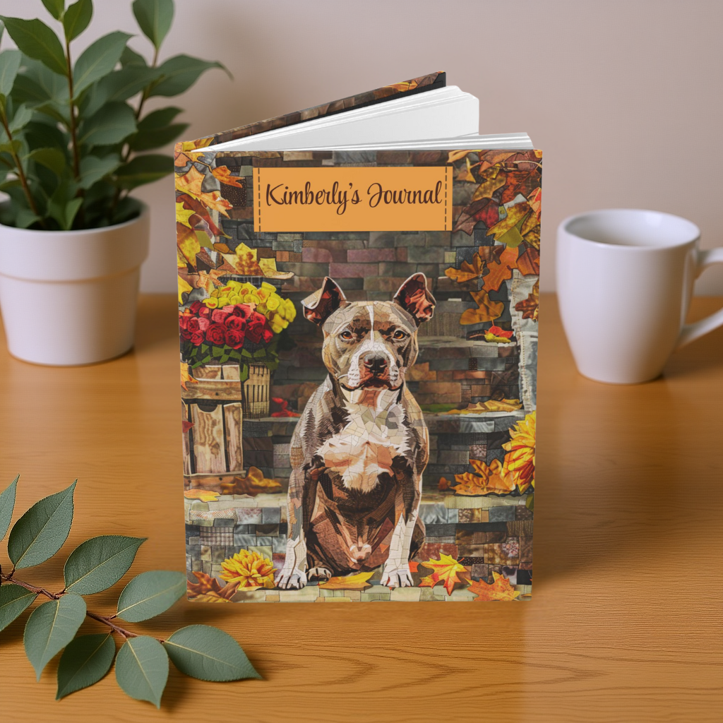 Quilted-Look Pit Bull Journal - Autumn Porch Scene, Dog Lover Gift