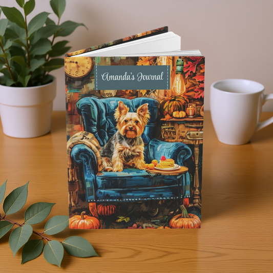 Quilted Yorkie Hardcover Journal - Cozy Autumn Armchair Scene