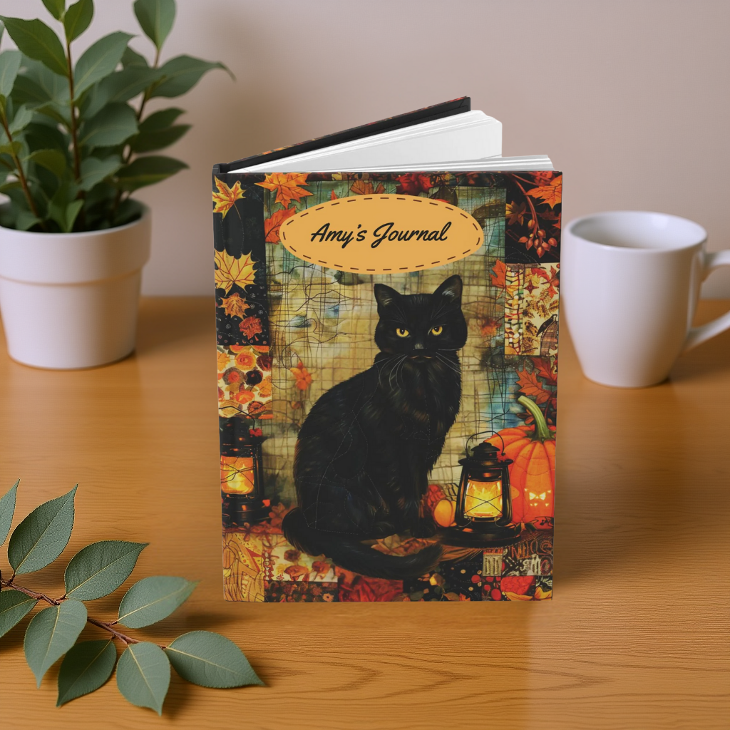 Quilted-Look Black Cat Journal - Autumn Lantern Scene, Cat Lover Gift