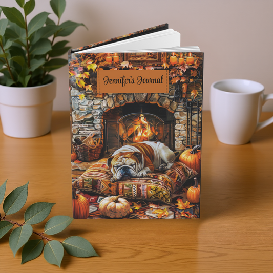Quilted-Look Bulldog Journal - Cozy Fireplace Scene, Dog Lover Gift