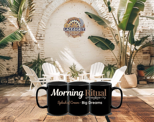 Morning Ritual Coffee Mug – Black Ceramic Mug for Intentional Living – Big Dreams Mug – Boho Morning Gift – Lace and Grit