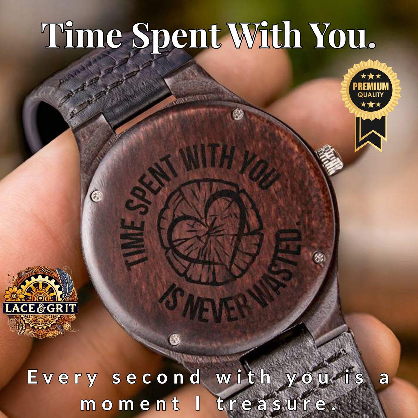Time Spent With You Is Never Wasted – Tree Ring Heart Engraved Wooden Watch | Nature-Inspired Gift for Him