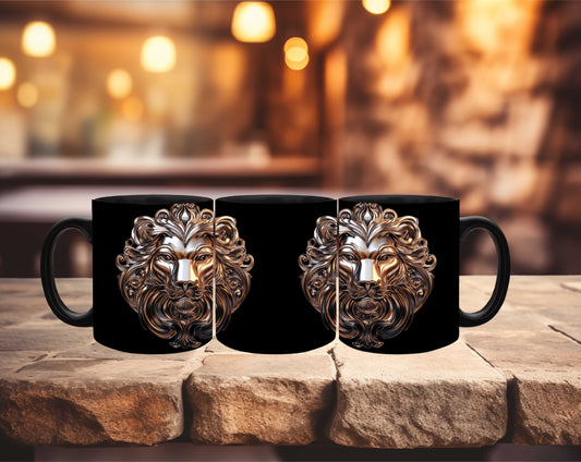 Regal Lion Coffee Mug 🦁🔥 Metallic Industrial Boho Leo Design – Black Mug in 11oz & 15oz, Bold Zodiac Gift, Gothic & Vintage Aesthetic