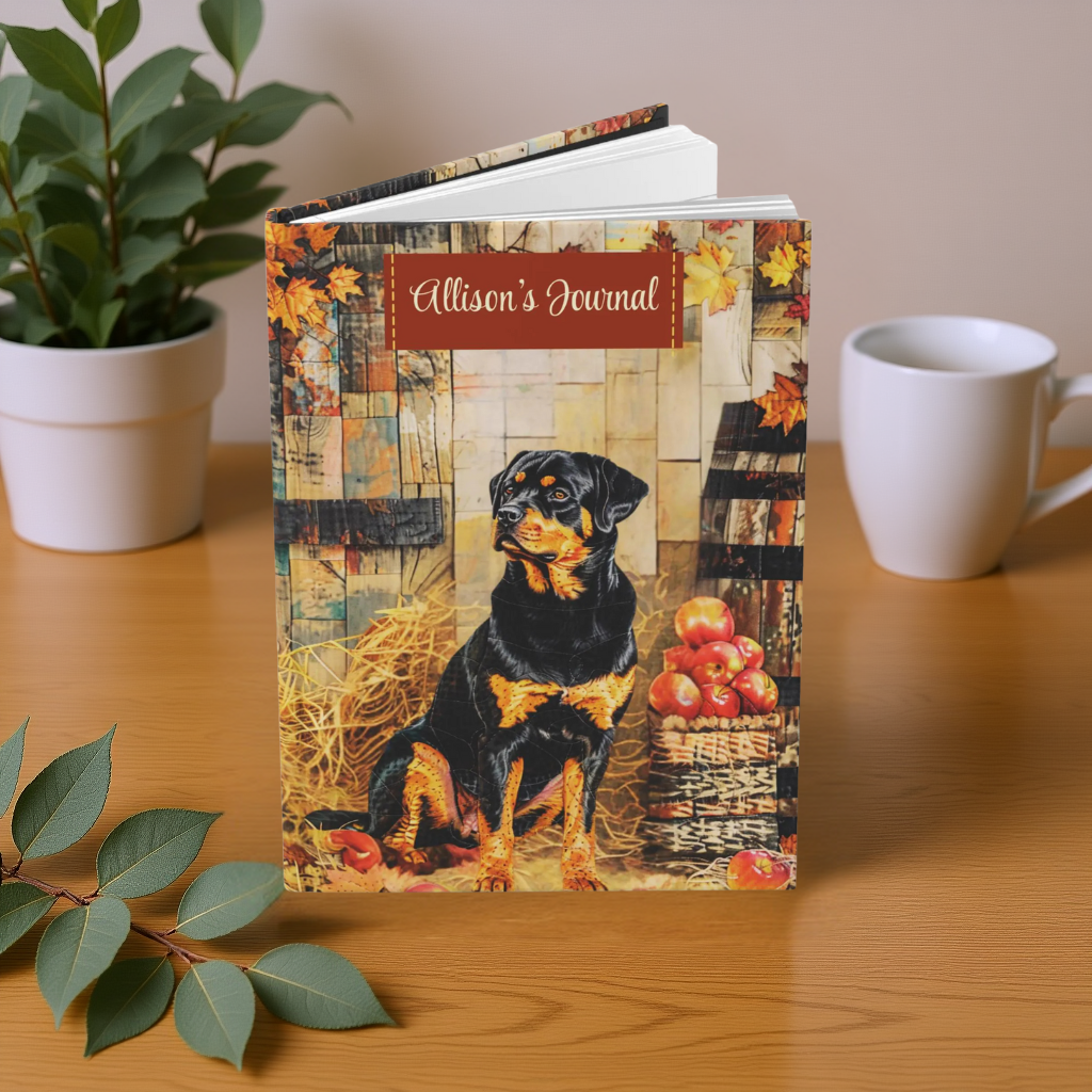 Quilted-Look Rottweiler Journal - Rustic Fall Study Scene, Dog Lover Gift