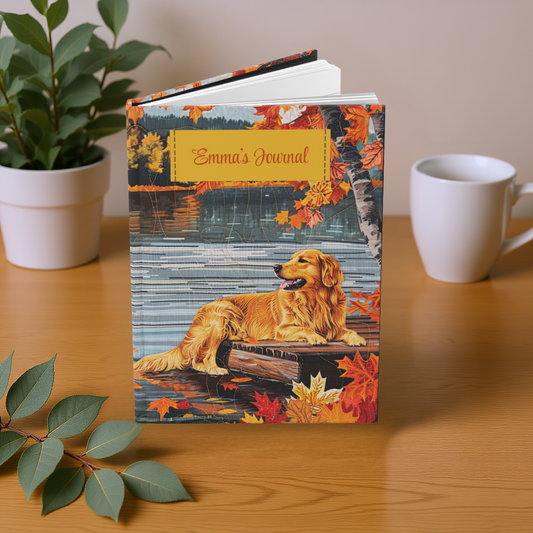 Quilted-Look Golden Retriever Journal - Autumn Lake Scene, Dog Gift