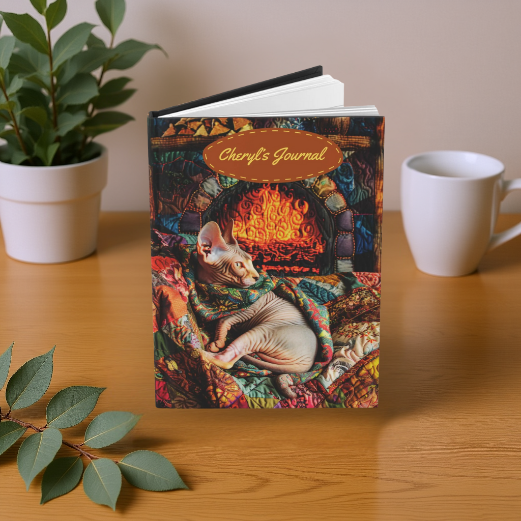 Quilted-Look Sphynx Cat Journal - Fireside Scene, Cozy Cat Lover Gift